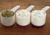 Proteinpulver 3 skeer med forskellige typer protein pulver smag